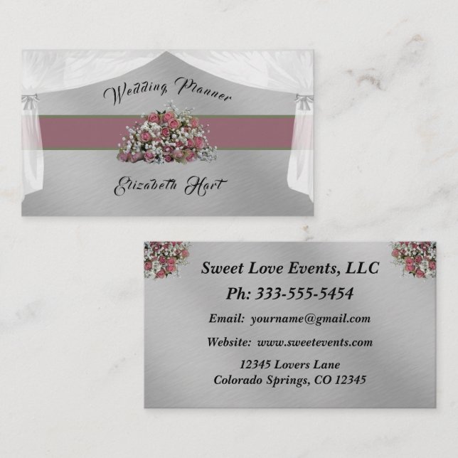 Elegante Rose Hochzeitsplaner-Visitenkarte Visitenkarte (Vorne/Hinten)