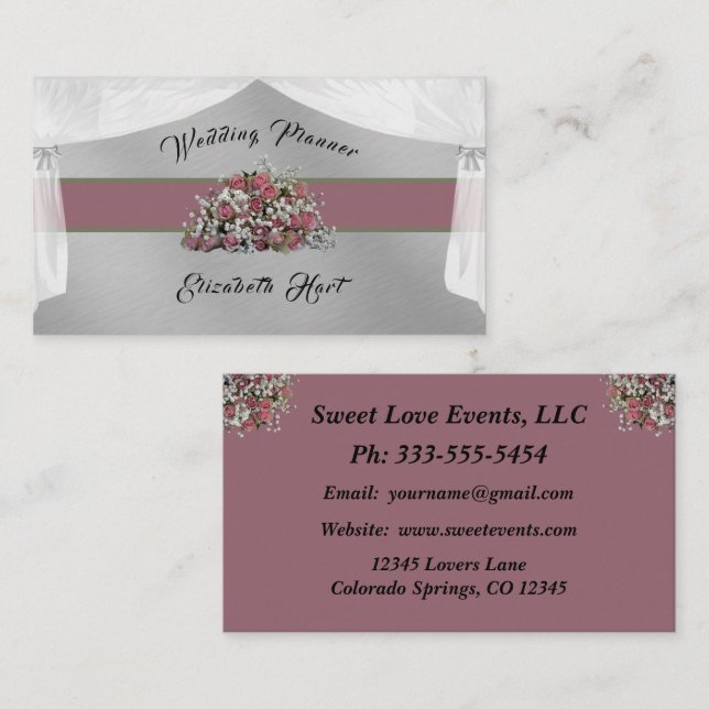 Elegante Rose Hochzeitsplaner-Visitenkarte Visitenkarte (Vorne/Hinten)
