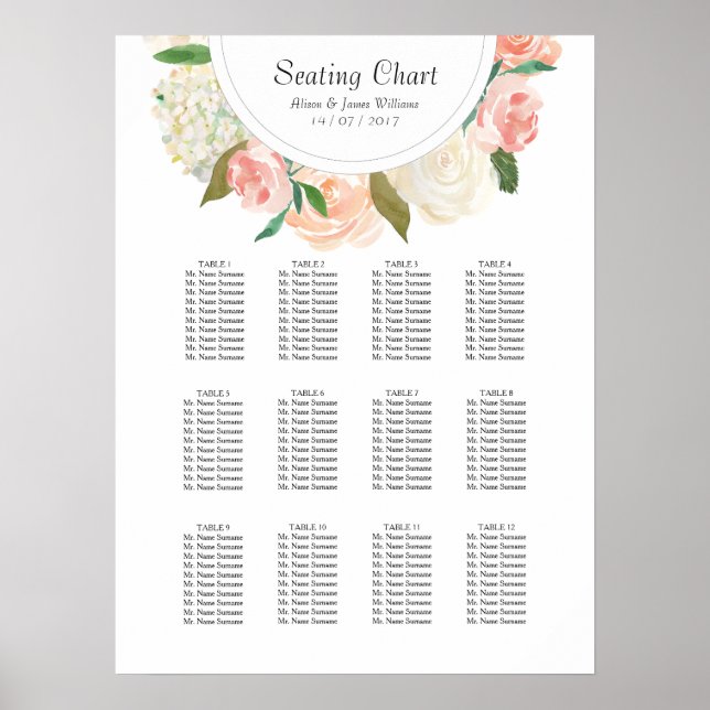 Elegante Rose Hochzeitssitzkarte Poster (Vorne)