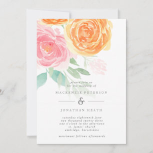 Elegante Rose in Rosa und Orange Wasserfarbe Hochz Einladung