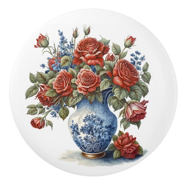 Elegante Rose in Vase Keramikknauf (Vorderseite)