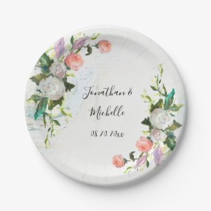 Elegante Rose in Weiß und Rosa Ölfarbe Hochzeit Pappteller