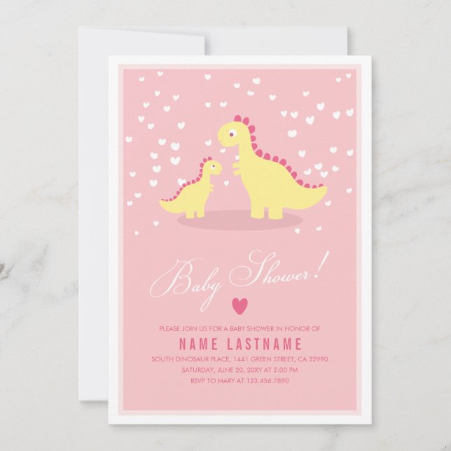 Élégante rose jaune Dino fille Invitation Baby sho (Devant)