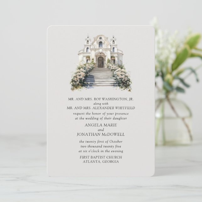 Elegante Rose Kapelle Hochzeit Einladung (Stehend Vorderseite)