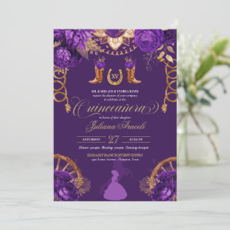 Elegante Rose Lila & Gold Charro Quinceanera Einladung