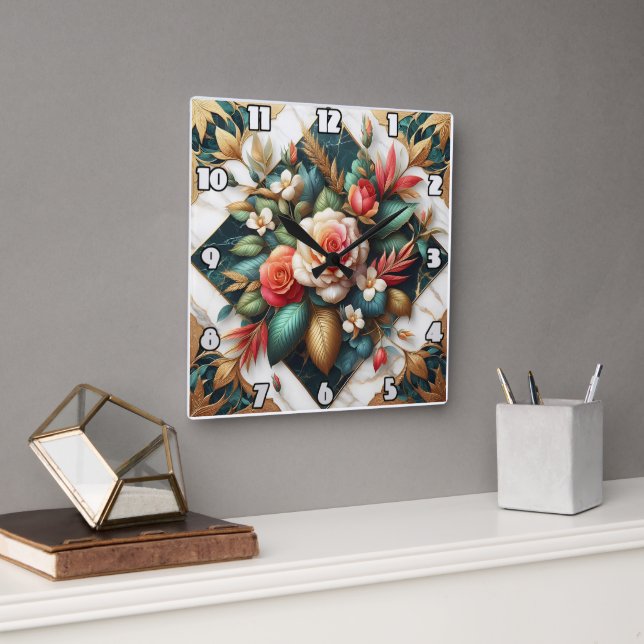 Elegante Rose mit Akzenten aus Leafy Quadratische Wanduhr (Büro)