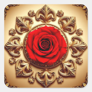 Elegante Rose mit aufwendigem Zierrahmen Quadratischer Aufkleber