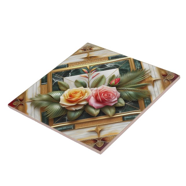 Elegante Rose mit dekorativen Blätter aus Marmor Fliese (Seite)