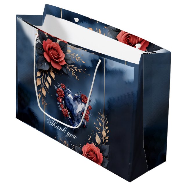 Elegante Rose mit goldenem Blattwerk Große Geschenktüte (Vorderseite Schrägansicht)