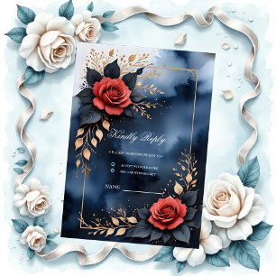 Elegante Rose mit goldenem Blattwerk RSVP Karte