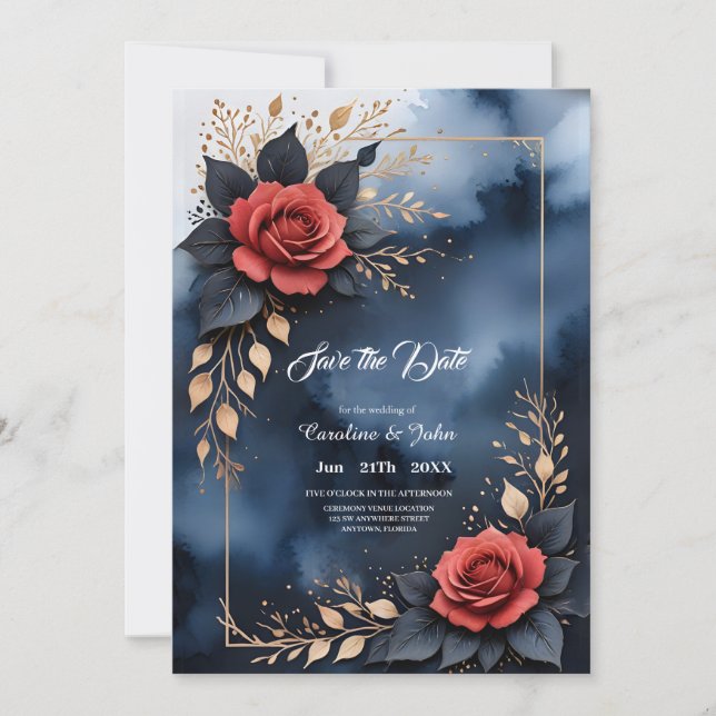 Elegante Rose mit goldenem Blattwerk Save The Date (Vorderseite)