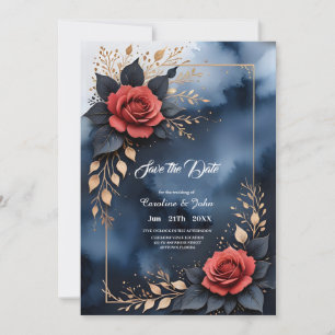 Elegante Rose mit goldenem Blattwerk Save The Date