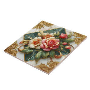 Elegante Rose mit grünem Hintergrund und Goldschmi Fliese