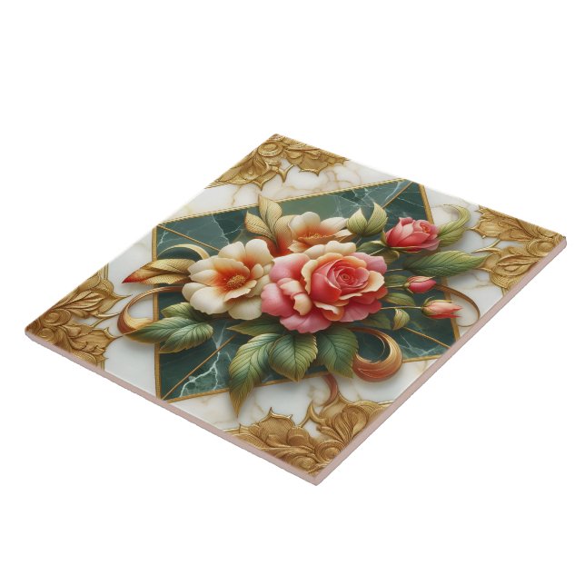 Elegante Rose mit grünem Hintergrund und Goldschmi Fliese (Seite)