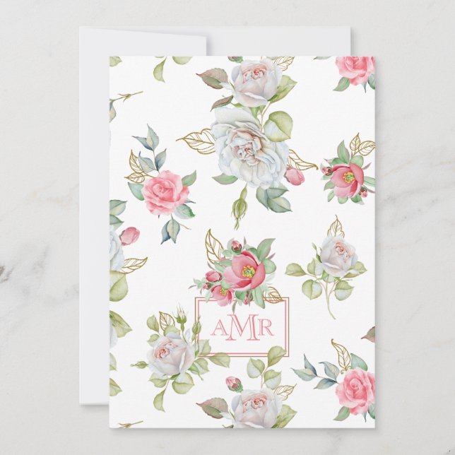 Elegante Rose mit vergoldeten Blätter | Monogramm Mitteilungskarte (Vorderseite)
