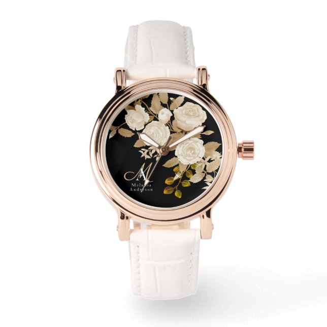 Elegante Rose Monogram Black Armbanduhr (Vorderseite)