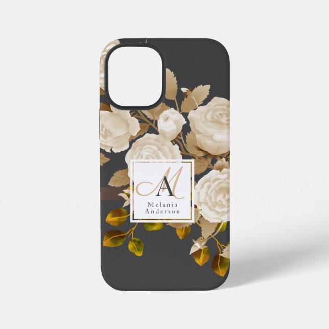 Elegante Rose Monogram Gray iPhone 12 Mini Hülle (Rückseite)