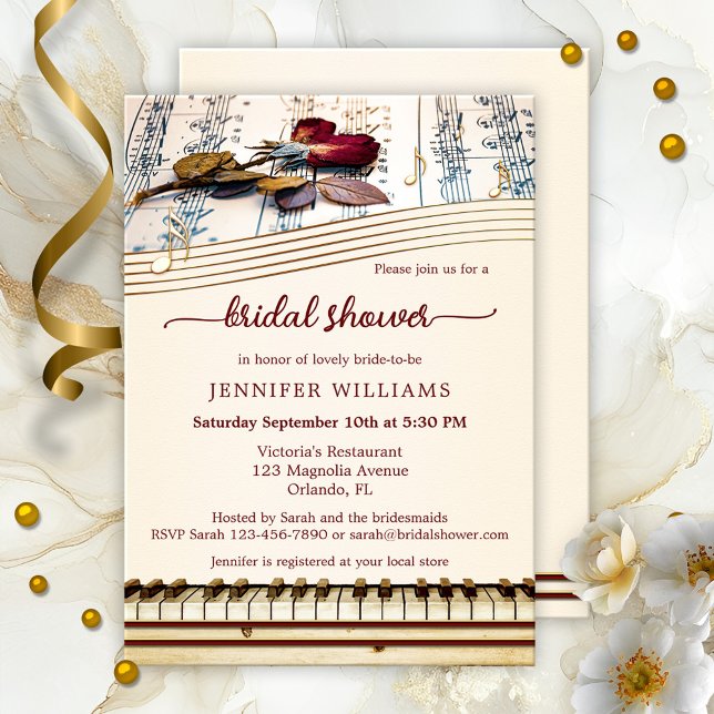 Elegante Rose Music Bridal Dusche Einladung (Bridal shower invitation featuring a rose on music sheets with a piano keyboard and musical notes)