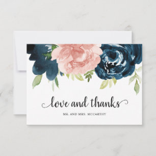 Elegante Rosé-Navyblaue Florale Hochzeit Dankeskarte