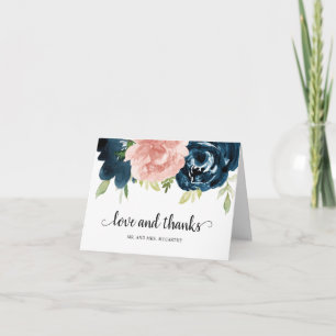 Elegante Rosé-Navyblaue Florale Hochzeit Dankeskarte