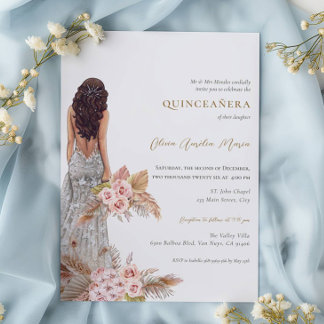 Elegante Rose Pampas Grass Dress Quinceanera Einladung