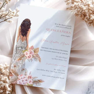 Elegante Rose Pampas Grass Dress Quinceanera Einladung