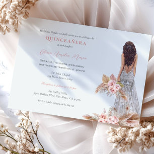 Elegante Rose Pampas Grass Dress Quinceanera Einladung