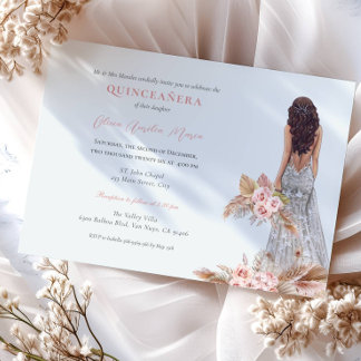Elegante Rose Pampas Grass Dress Quinceanera Einladung
