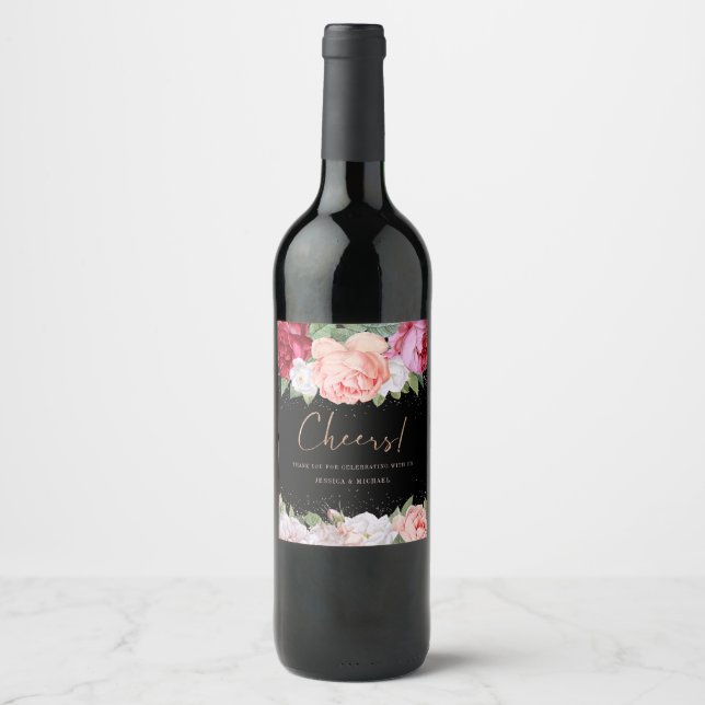 Elegante Rose Pink Black Wedding Vielen Dank Weinetikett (Vorderseite)
