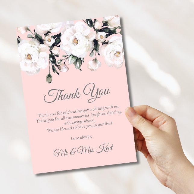 Elegante Rose | Pink White Floral Wedding Dankeskarte (Von Creator hochgeladen)
