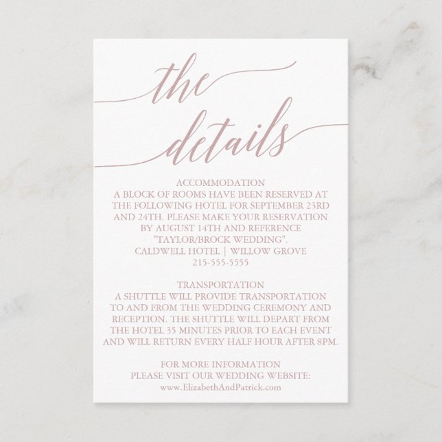 Elegante Rose Quartz Calligraphy Details Card Begleitkarte (Vorderseite)