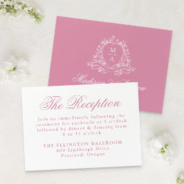 Elegante Rose Quartz Floral Wappen Hochzeitsempfan Begleitkarte