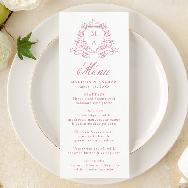 Elegante Rose Quartz Floral Wappen Monogram Weddin Menükarte (Von Creator hochgeladen)