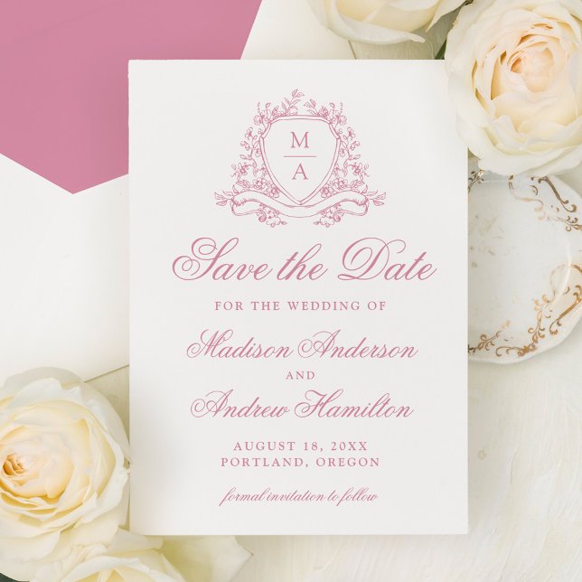 Elegante Rose Quartz Floral Wappen Monogram Weddin Save The Date (Von Creator hochgeladen)