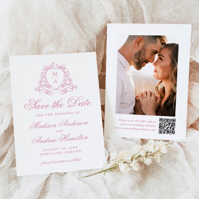 Elegante Rose Quartz Wappen Monogram Foto Hochzeit Save The Date (Von Creator hochgeladen)