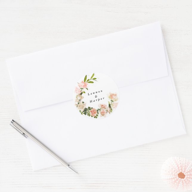 Elegante Rose Romance Wedding Runder Aufkleber (Umschlag)