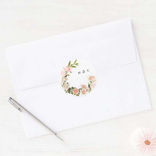 Elegante Rose Romance Wedding Runder Aufkleber (Umschlag)
