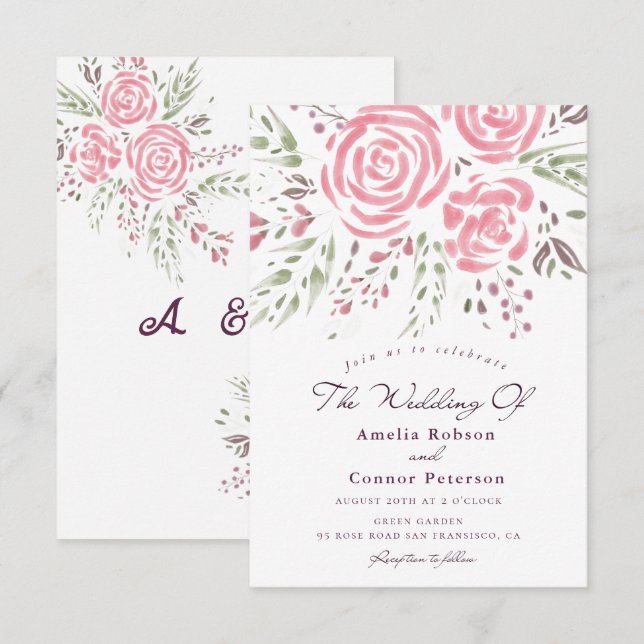 Elegante Rose Romantische Wasserfarben Einladung (Vorne/Hinten)