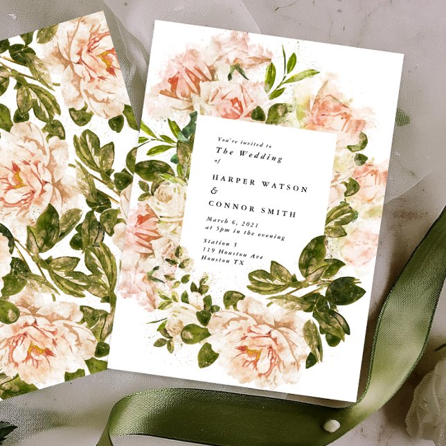 Elegante Rose Romantische Wasserfarbenhochzeit Ein Einladung (Von Creator hochgeladen)
