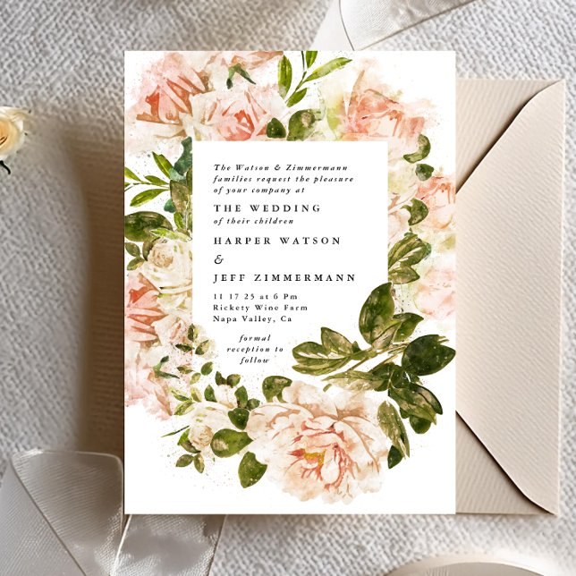 Elegante Rose Romantische Wasserfarbenhochzeit Ein Einladung (Von Creator hochgeladen)