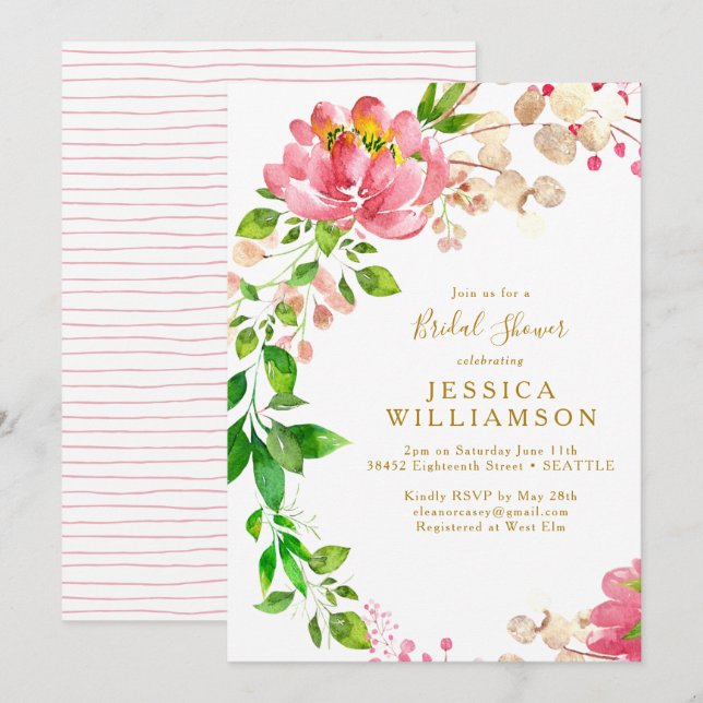 Elegante Rose Rosa Aquarellfarben Brautparty Einladung (Vorne/Hinten)