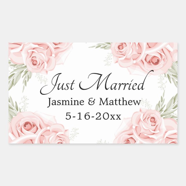 Elegante Rose Rosa Bläserne Hochzeit Just Married  Rechteckiger Aufkleber (Vorderseite)