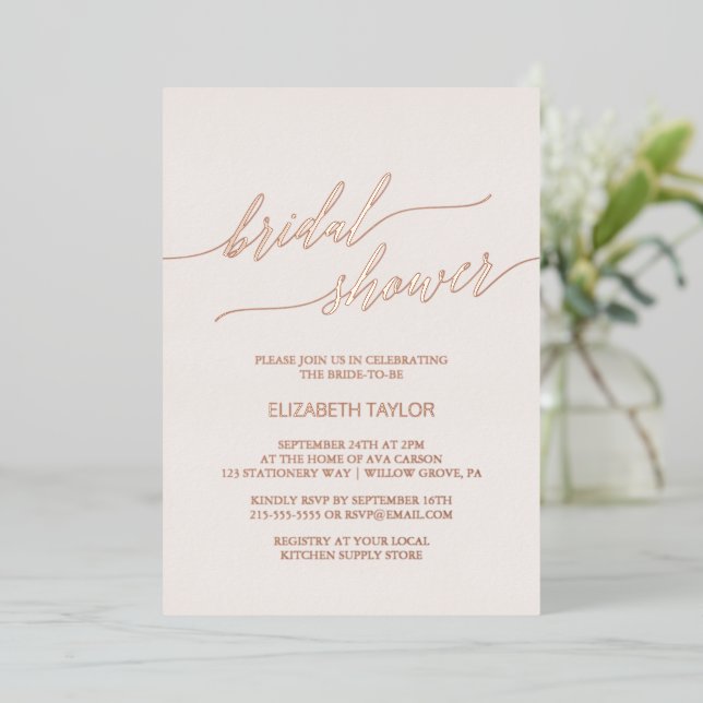 Elegante Rose | Rosa Brautparty Folieneinladung (Stehend vorne)