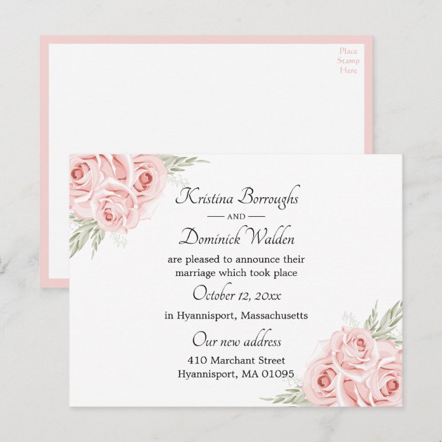 Elegante Rose Rosa florale Just Married Wedding An Ankündigungspostkarte (Vorne/Hinten)