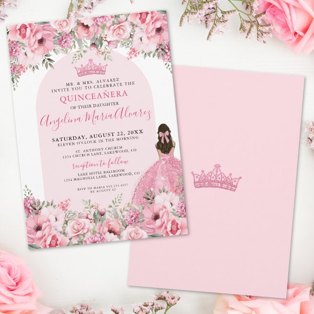 Elegante Rose Rosa Quinceanera Einladung (Elegant Floral Rose Pink Quinceanera Invitation)