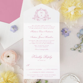 Elegante Rose Rosa Wappen Monogramm Hochzeit All In One Einladung