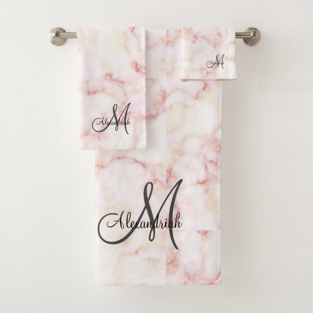 Elegante Rose rosa, weißes Marmor Schwarzes Monogr Badhandtuch Set (Insitu)