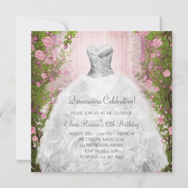 Elégante rose Roses blanc Quinceanera Invitations (Devant)