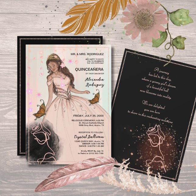 Elegante Rose & Schmetterling Rosa Quinceñera Einladung (Elegant Rose & Butterfly Pink Black Quinceañera Invitation)