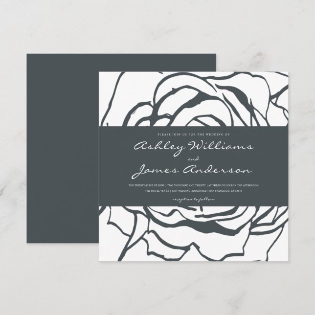 Elegante Rose Schwarz-weiß Square Wedding Einladung (Vorne/Hinten)